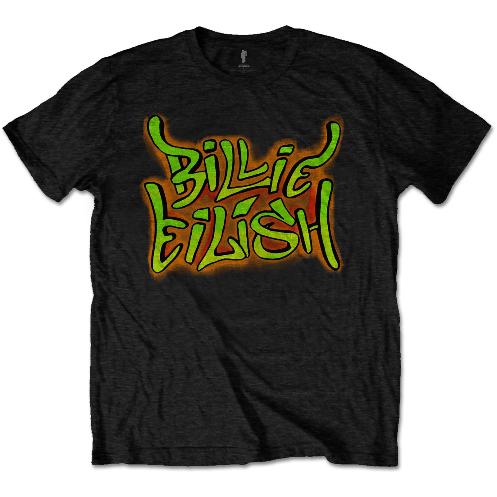 Black t shirt with Billie Eilish written on the from in graffiti style