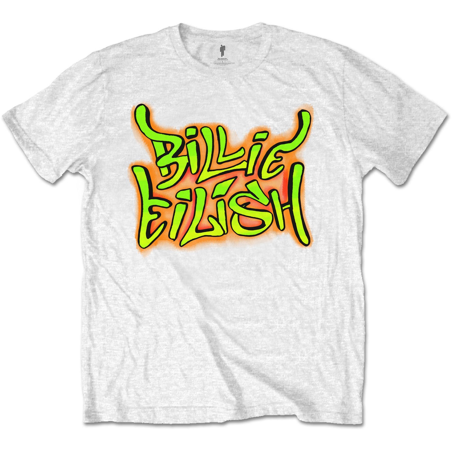 white t shirt with Billie Eilish written on the from in graffiti style